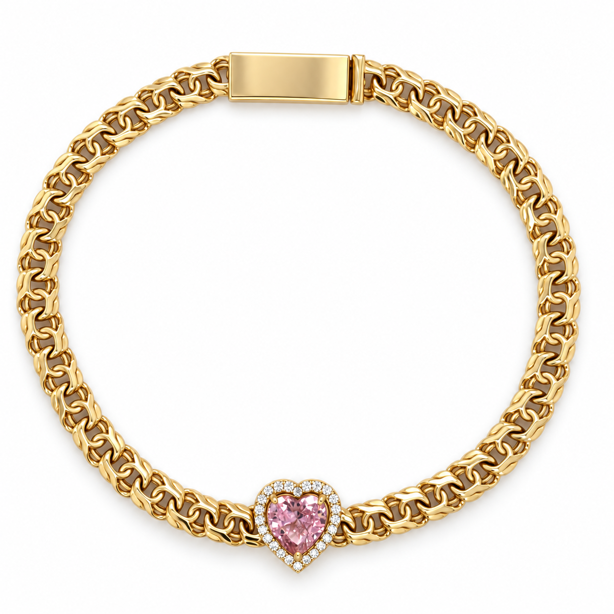 10KT Gold 5MM Chino Monaco Bracelet with Heart Pink CZ Center 7 Inches