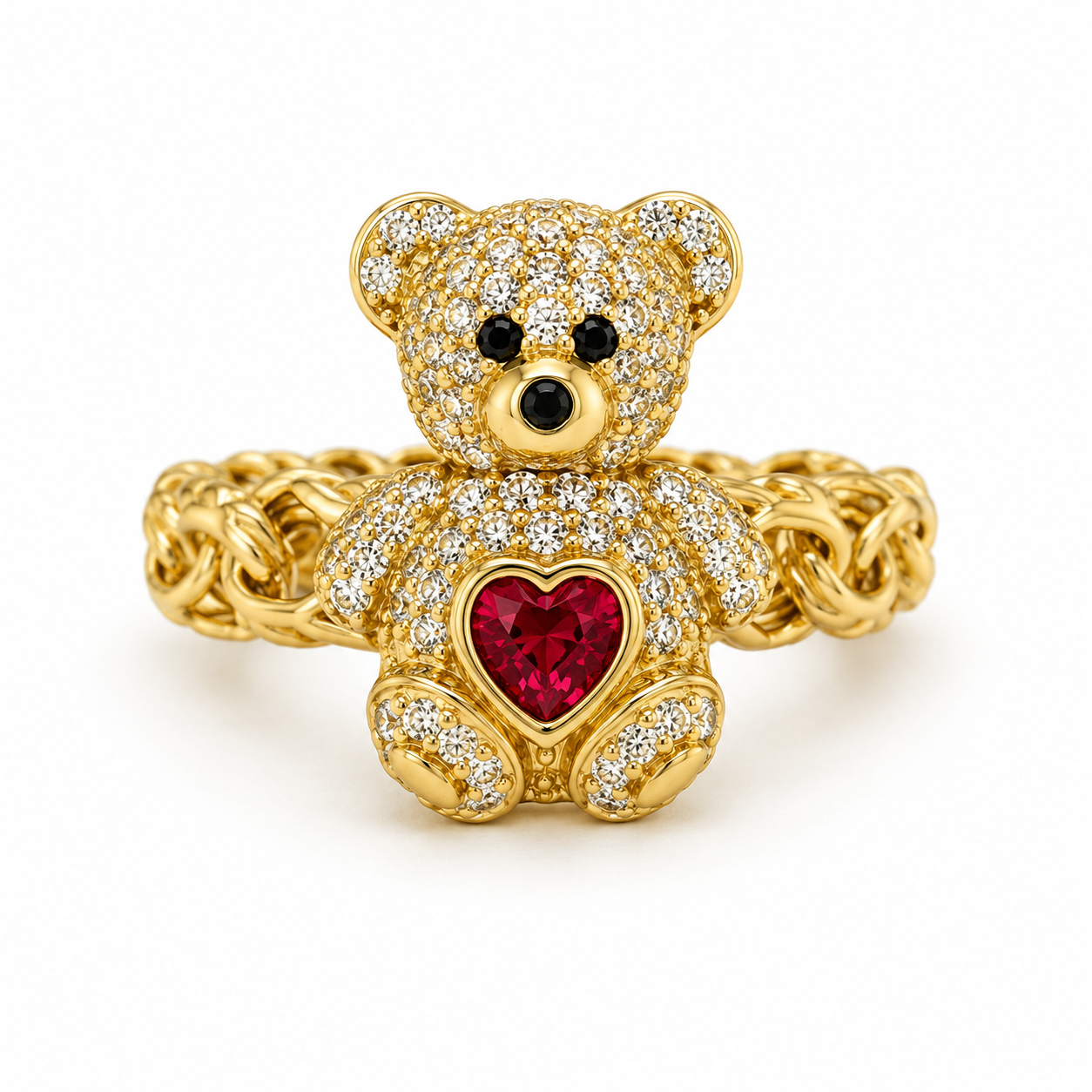 10KT Gold Chino Teddy Bear Ring with Red Heart Stone
