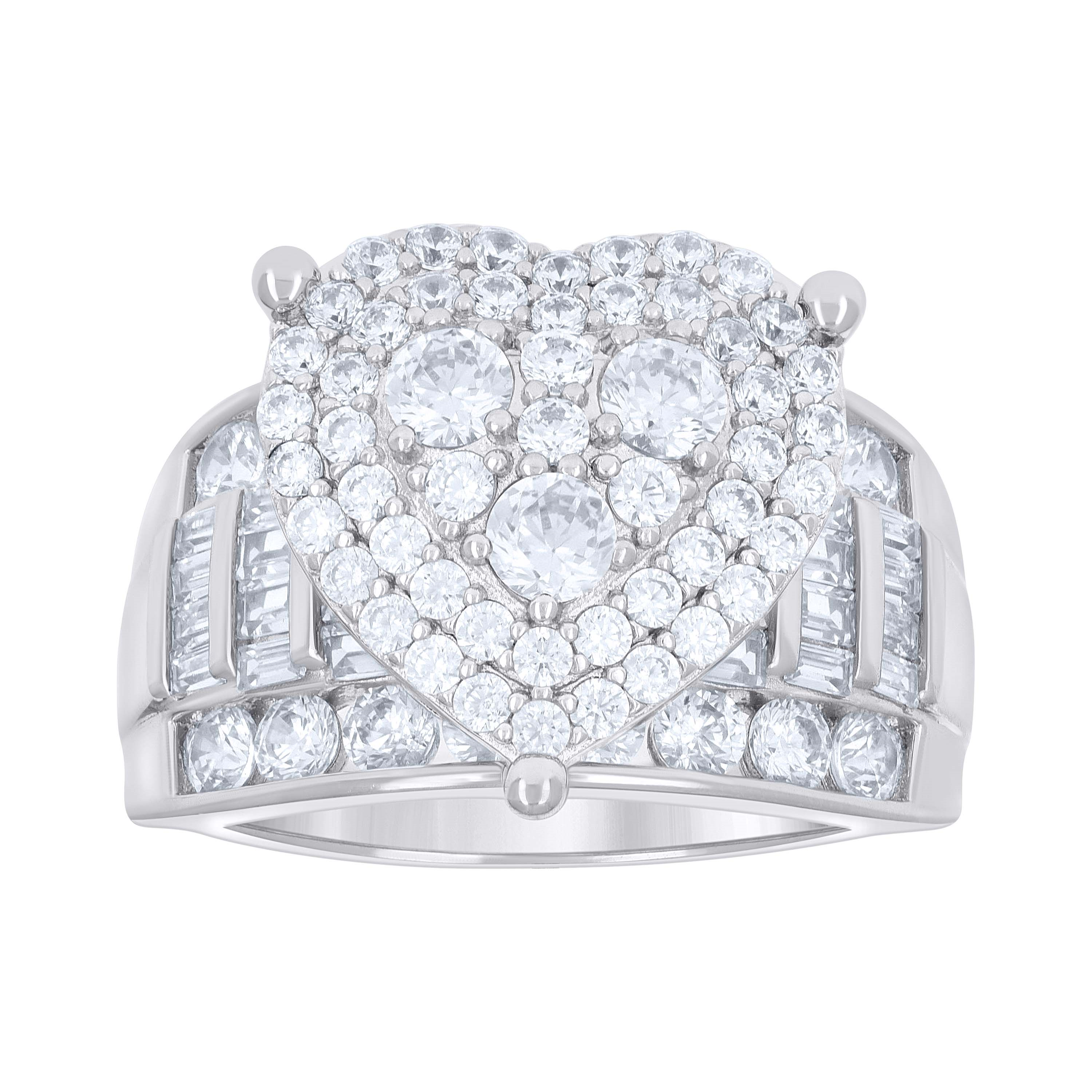 925 Sterling Silver Womens Baguette Round Cubic-Zirconia Heart Ring Si