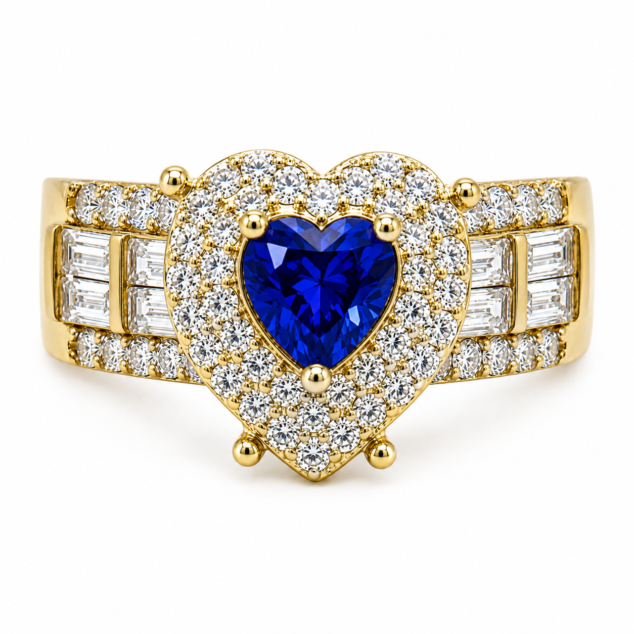 10KT Gold Heart Ring with Baguettes Blue Stone