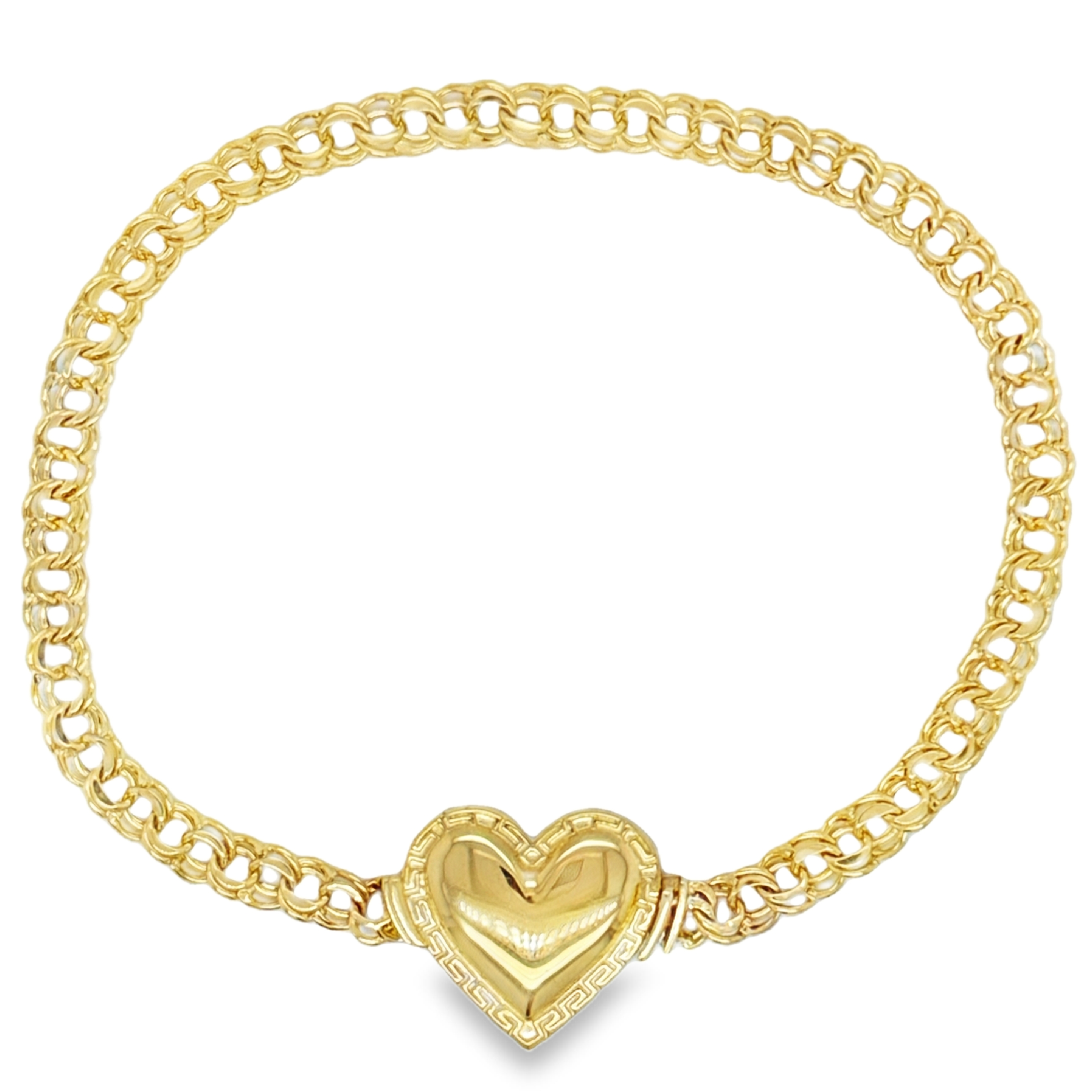 10KT Gold 4MM Chino Link Monaco Heart Bracelet with Greek Border 7