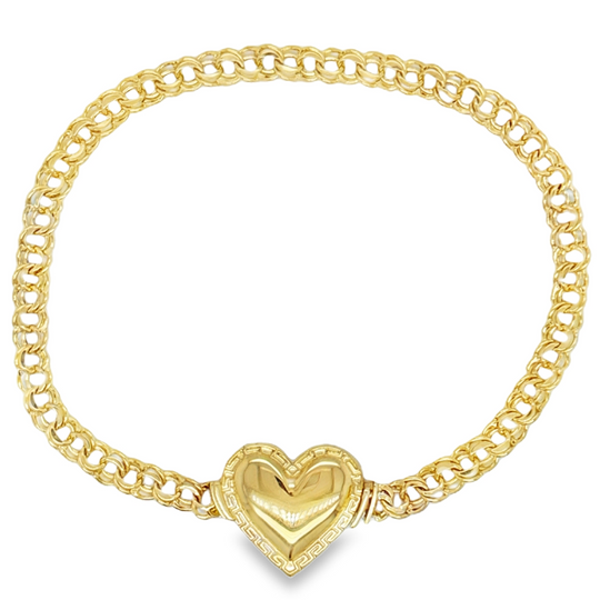 10KT Gold 4MM Chino Link Monaco Heart Bracelet with Greek Border 7
