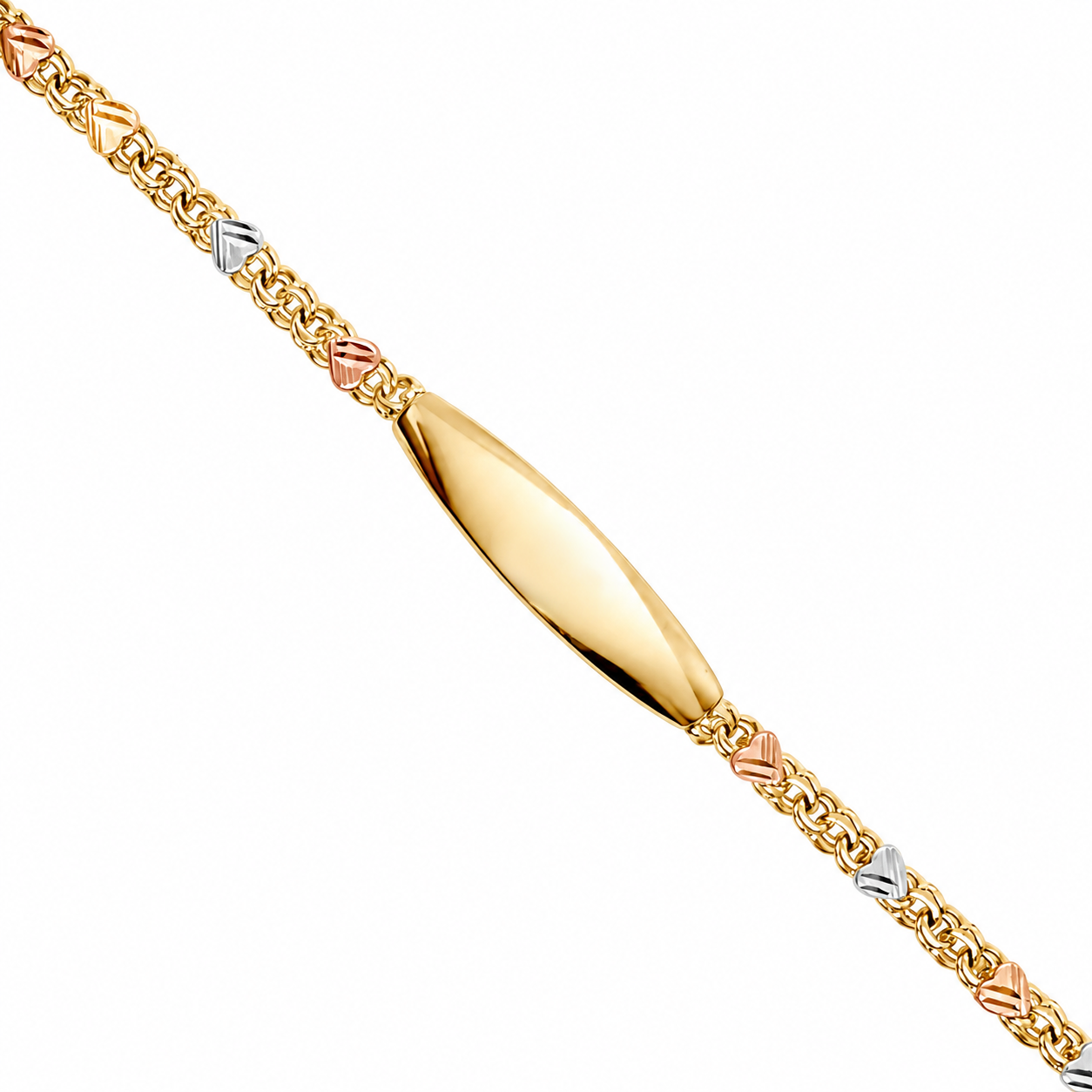 10KT Gold 4MM Chino Link Bracelet with Tricolor Hearts 7 Inches Free E