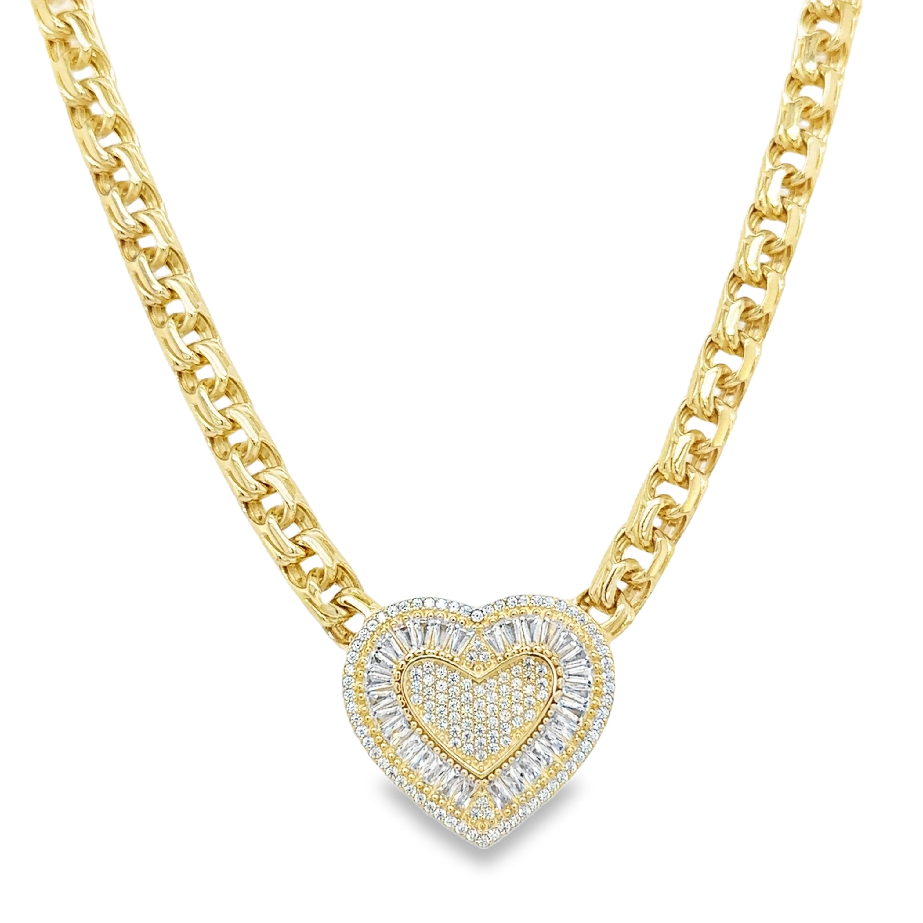 10KT Gold 6MM Chino Link Monaco Heart CZ Chain 16 Inches