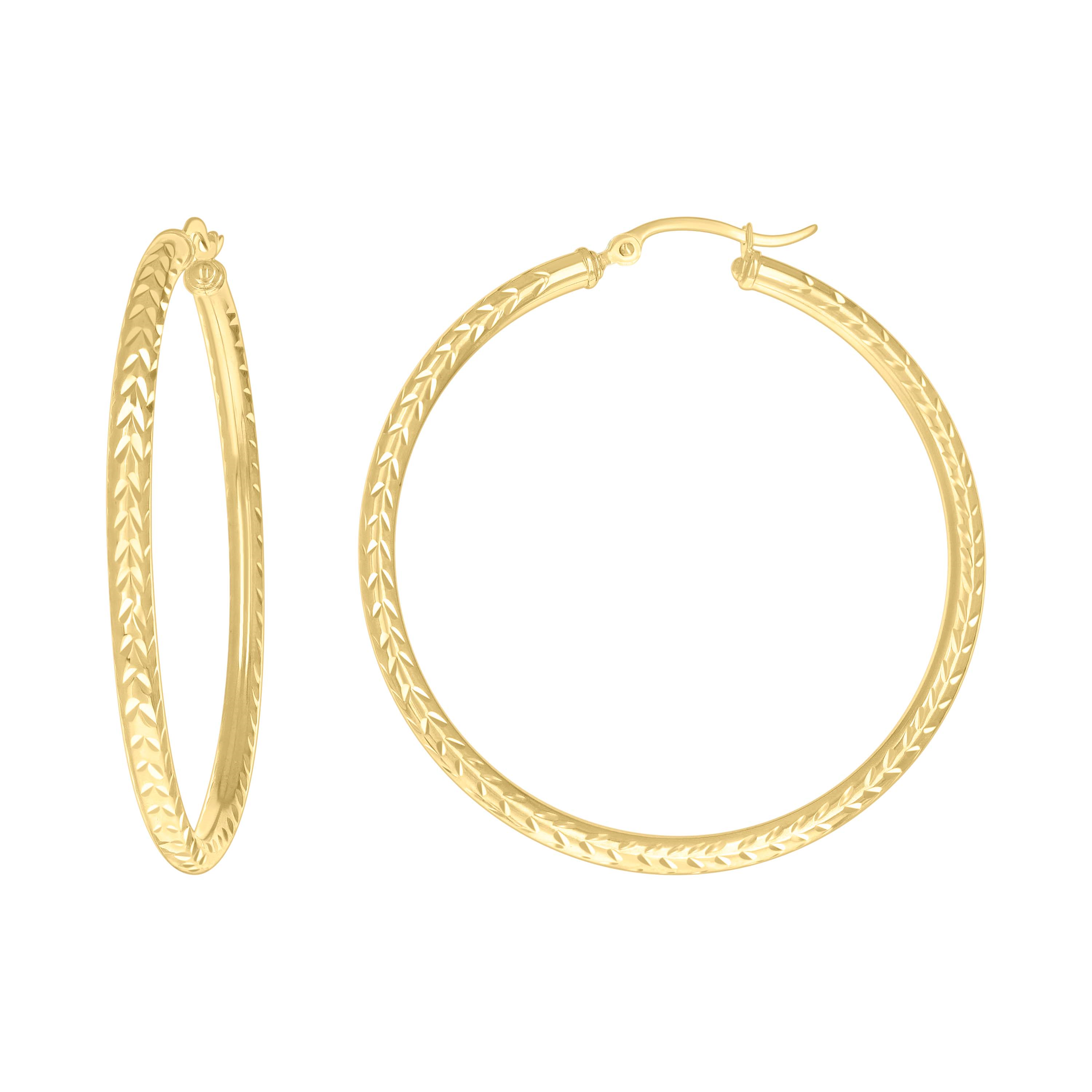 10kt Yellow Gold Womens Diamond-cut Round Tube Patterned Hoop Earrings