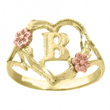 10Kt Two-Tone Gold Womens Dc Textured Initial Letter B Heart Band Ring