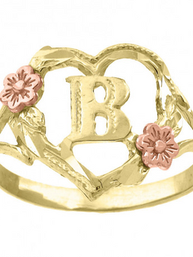 10Kt Two-Tone Gold Womens Dc Textured Initial Letter B Heart Band Ring