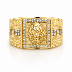 10KT Gold Lion Ring with CZ and Design on Sides