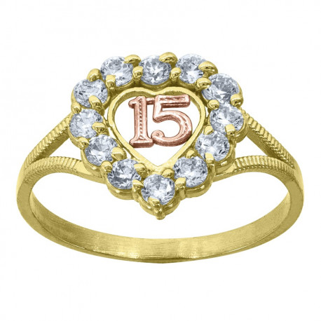 10kt Two-Tone Gold Womens CZ 15 Anos Heart Quinceanera Ring