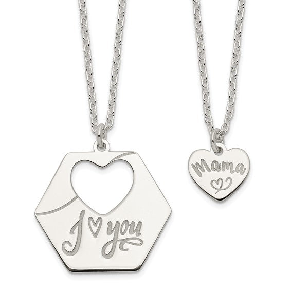 Sterling Silver 16 in I Love You Necklace and 14 in Mama Necklace Set