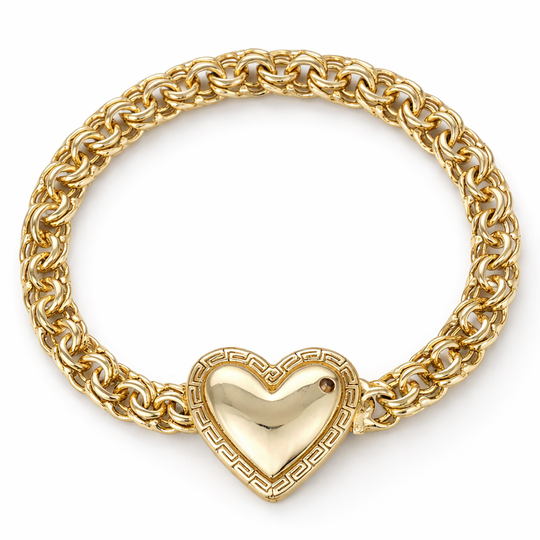 10KT Gold 6MM Chino Link SOLID Heart Bracelet with Greek Border 5.5IN for girls