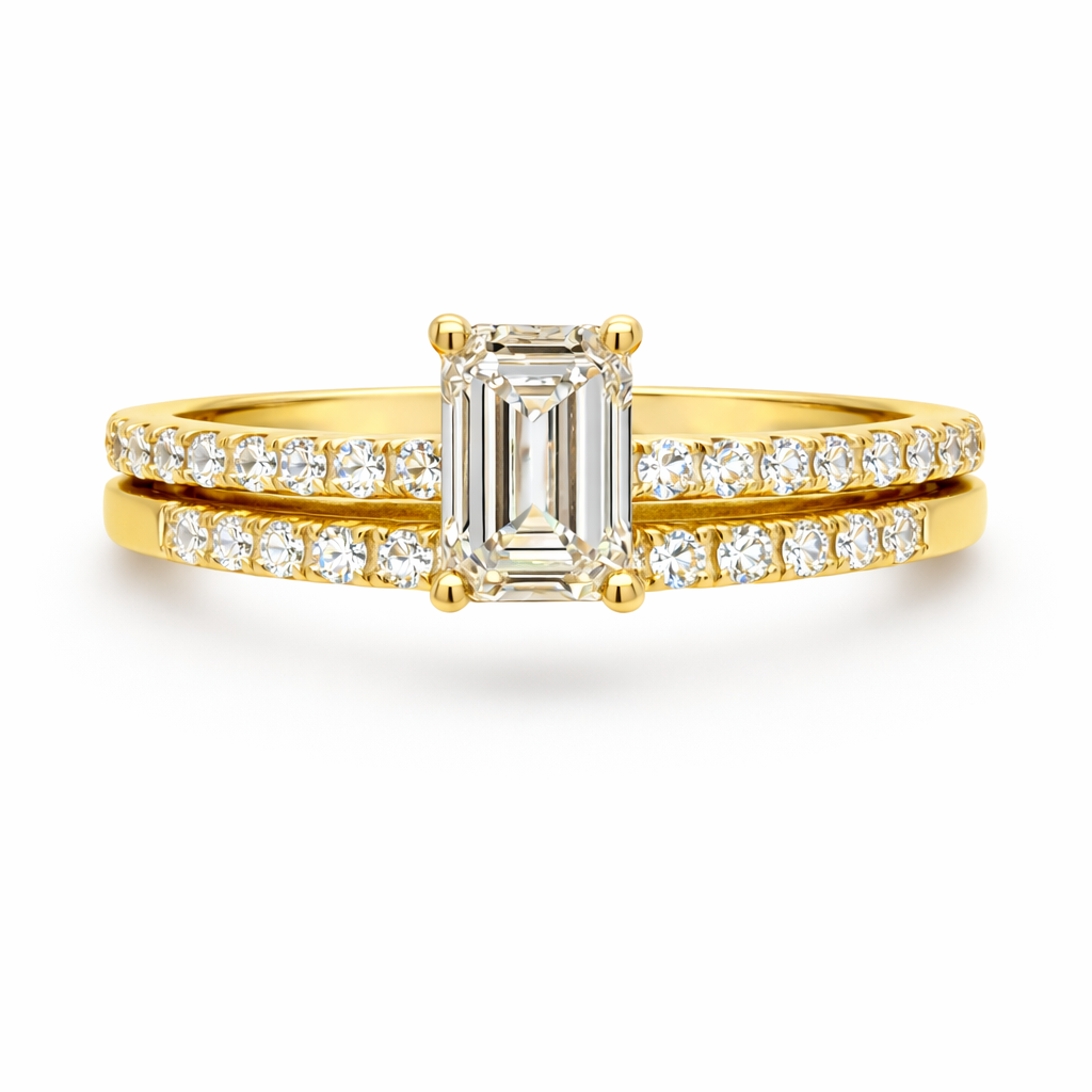 1.71CTTW Certified Lab-Created Emerald Cut Diamond Engagement Ring and Wedding Band Set in 14KT Yellow Gold Setting