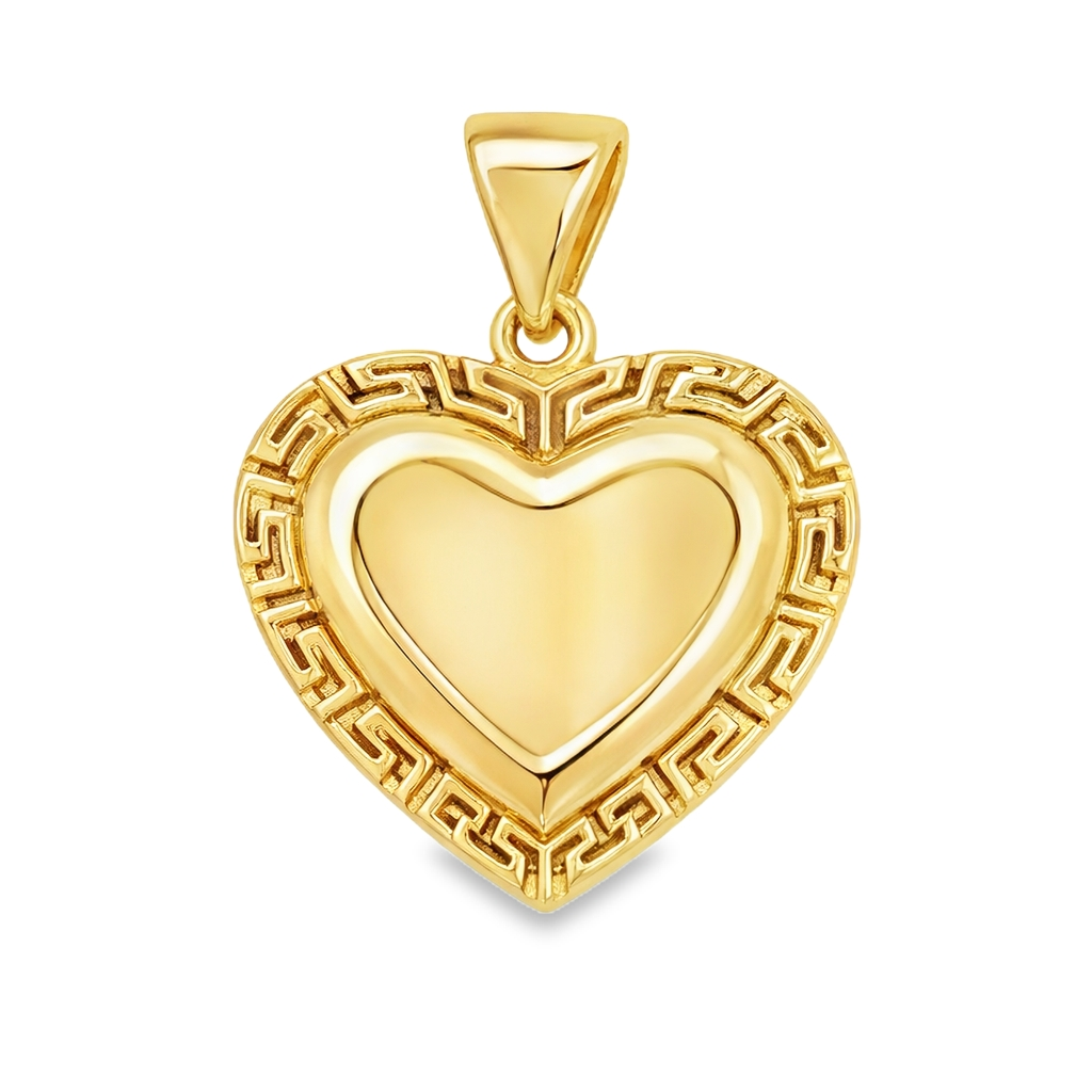 10KT Yellow Gold 20MM Heart Pendant with Greek Border FREE ENGRAVING