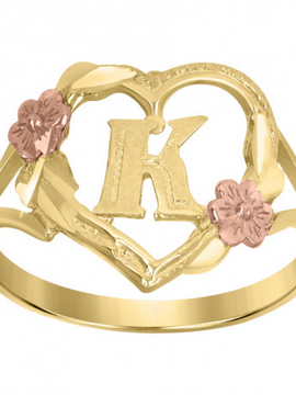 10Kt Two-Tone Gold Womens Dc Textured Initial Letter K Heart Band Ring