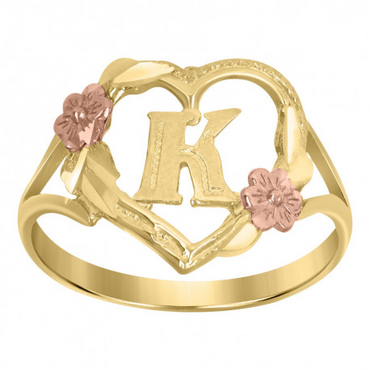10Kt Two-Tone Gold Womens Dc Textured Initial Letter K Heart Band Ring