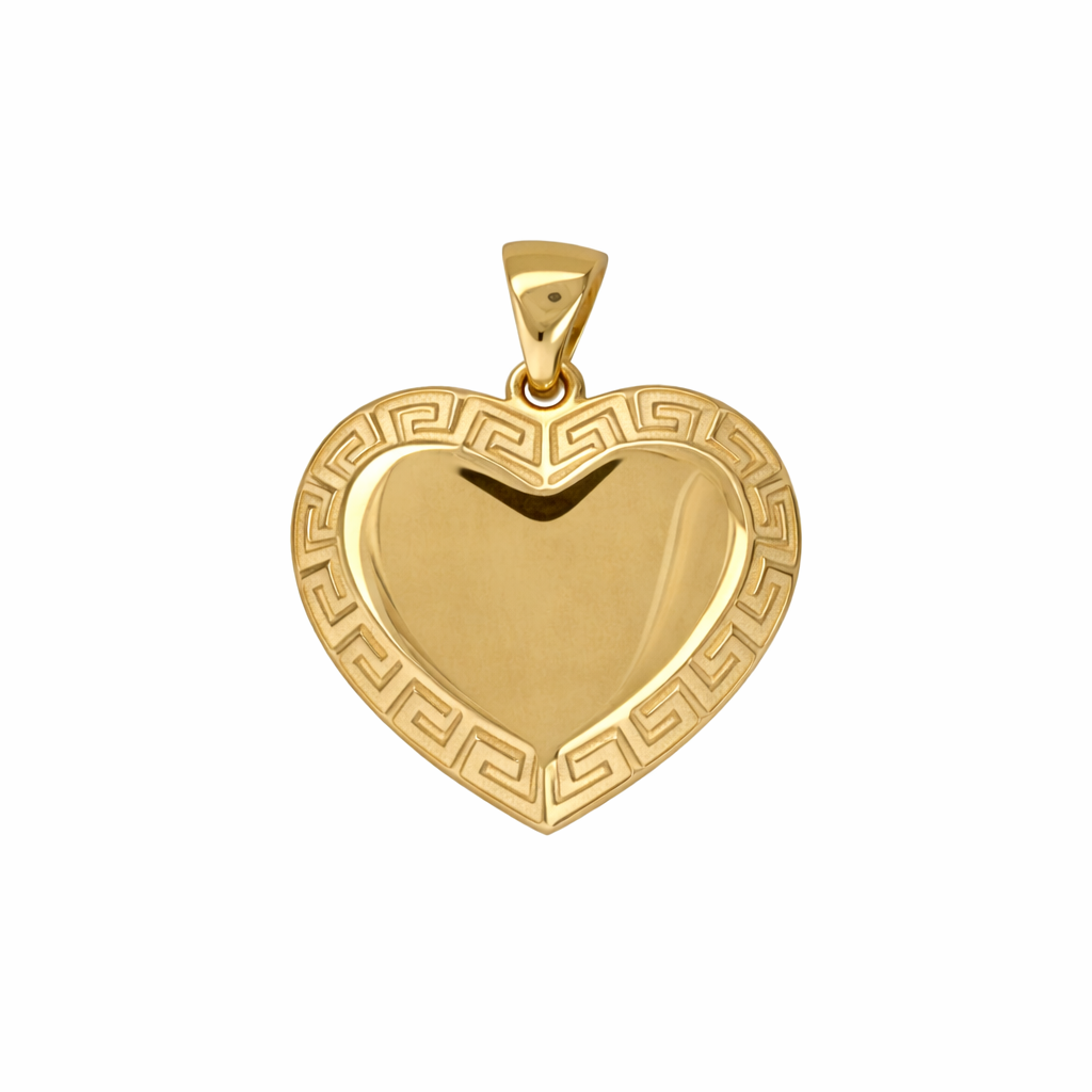 10KT Yellow Gold 15MM Heart Pendant with Greek Border FREE ENGRAVING