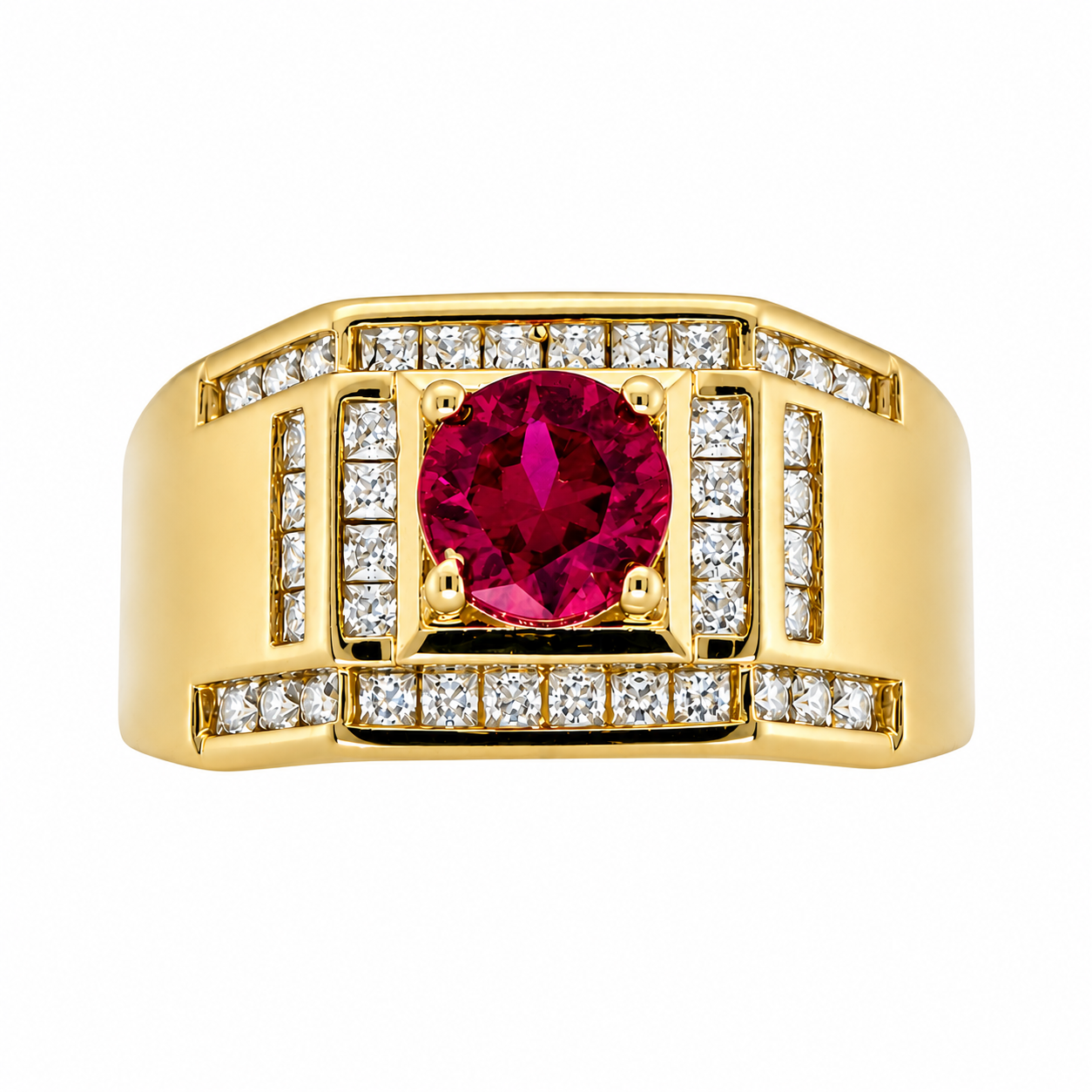 10KT Yellow Gold Mens Ring with Red Stone