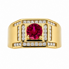 10KT Yellow Gold Mens Ring with Red Stone