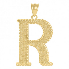 10kt Yellow Gold Unisex Diamond-Cut Initial Letter R Charm Pendant, 1