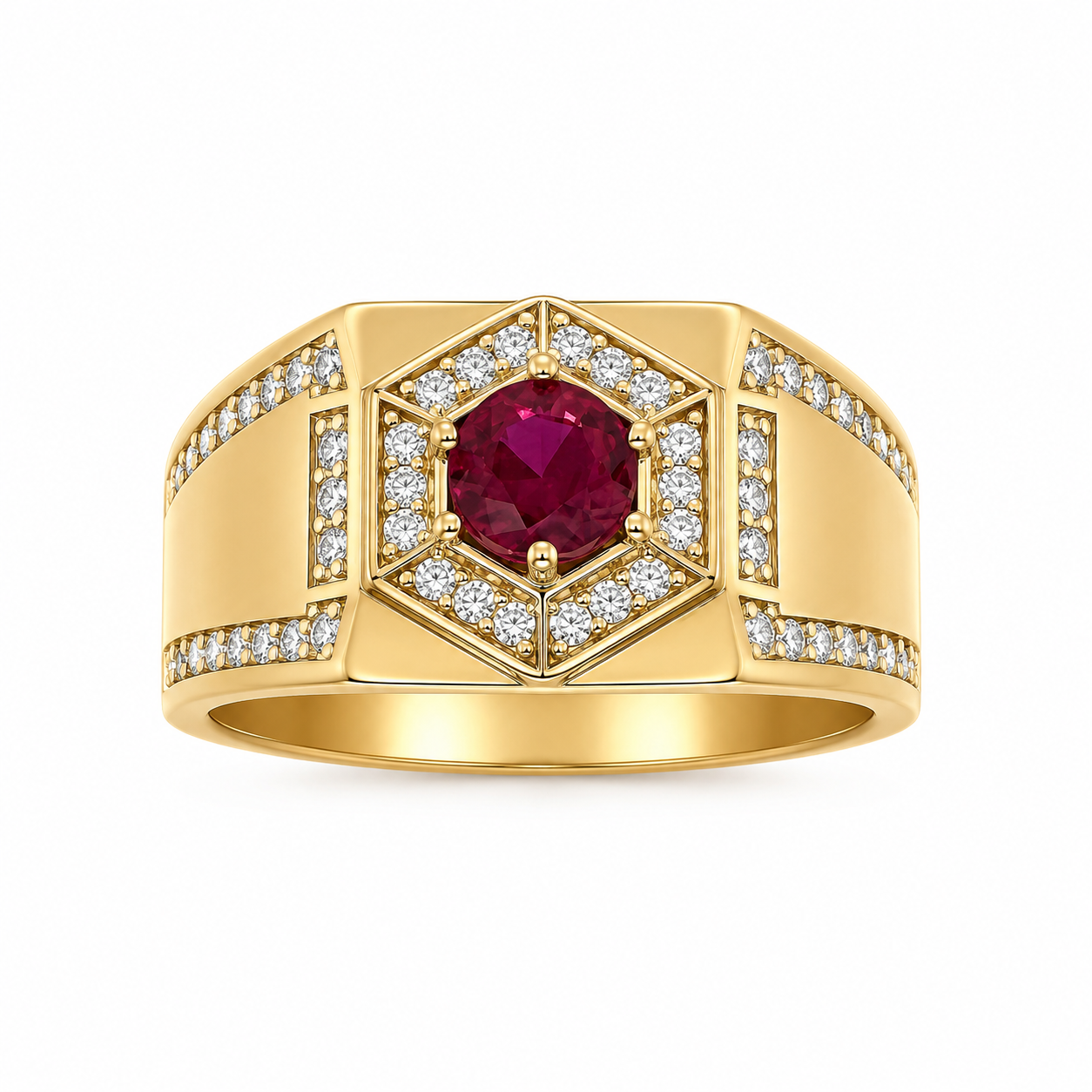 10KT Yellow Gold Mens Ring with Red Stone