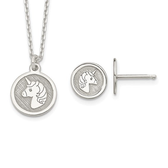 Sterling Silver Polished and Textured Unicorn Children's 14in Necklace and Post Earrings Set