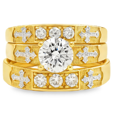 10KT Gold His and Hers Wedding Trio Set with Cross Design