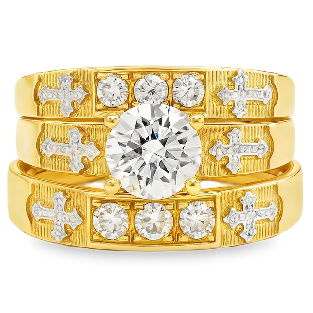 10KT Gold His and Hers Wedding Trio Set with Cross Design