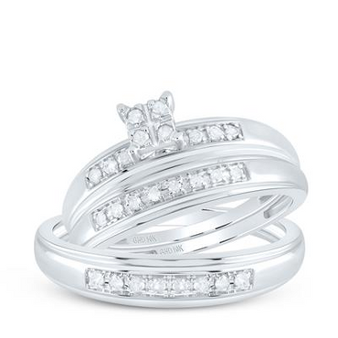 10k White Gold Round Diamond Cluster Matching Wedding Ring Set 1/5 Ctt