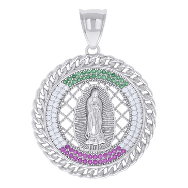 925 Sterling Silver Red/Green White Cubic-Zirconia Virgin Mary Virgen
