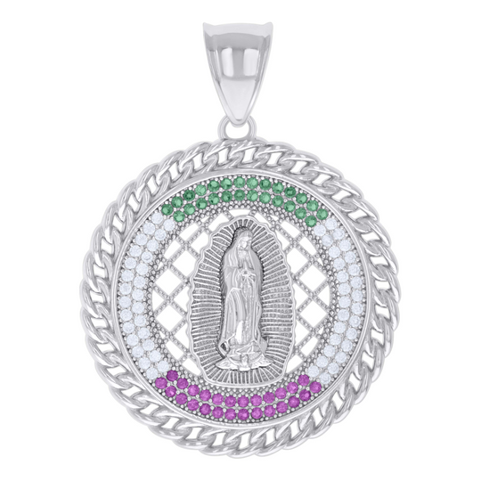 925 Sterling Silver Red/Green White Cubic-Zirconia Virgin Mary Virgen