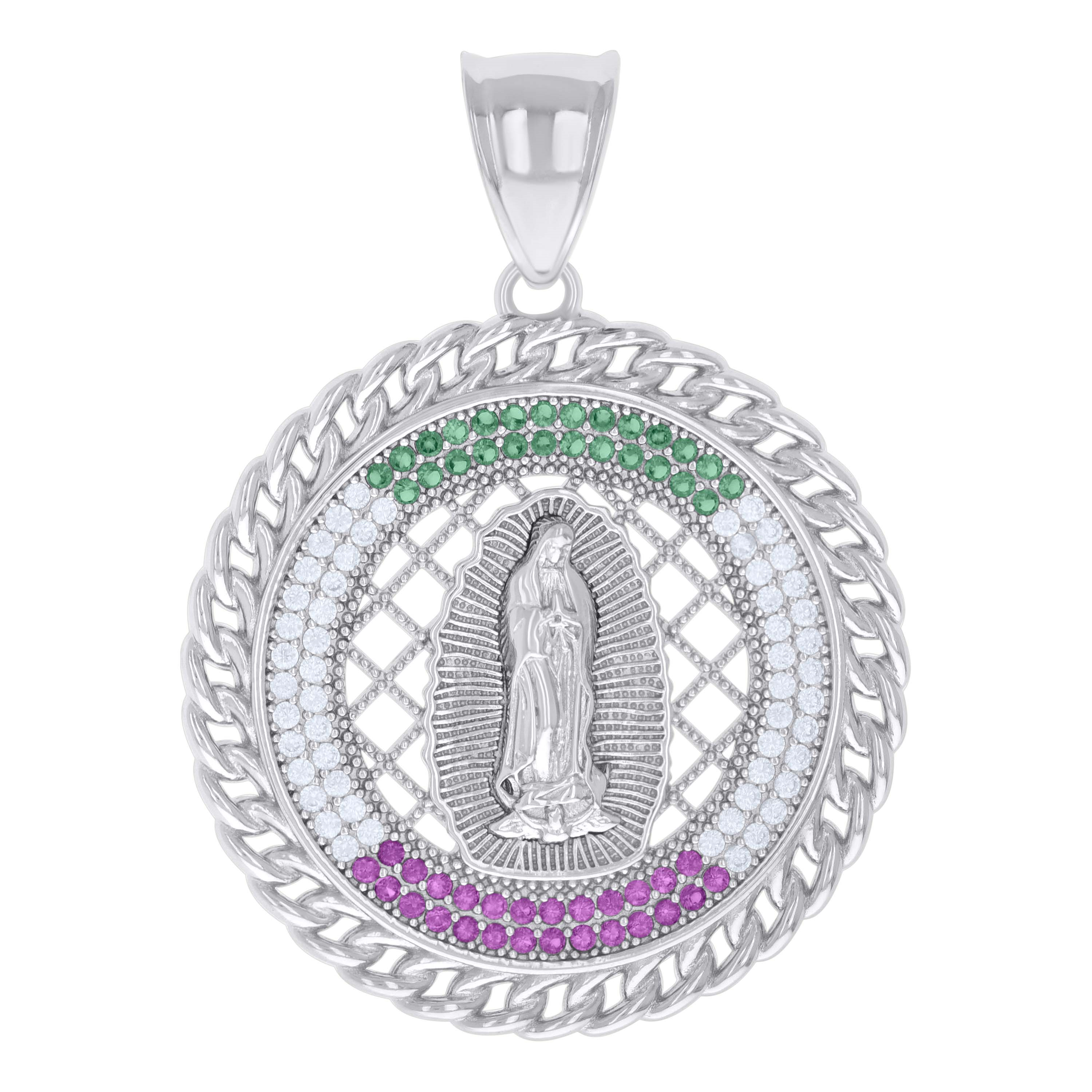 925 Sterling Silver Red/Green White Cubic-Zirconia Virgin Mary Virgen