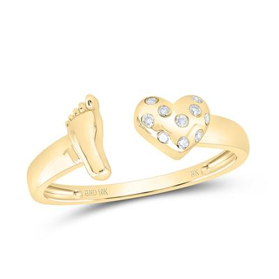 10k Yellow Gold Round Diamond Mom Heart and Foot Ring 1/20 Cttw