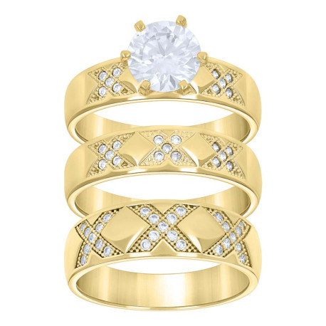14kt Gold Two-Tone Womens Diamond-cut CZ Trio His Hers Center Stone White Wedding Engagement Bridal Set Ring