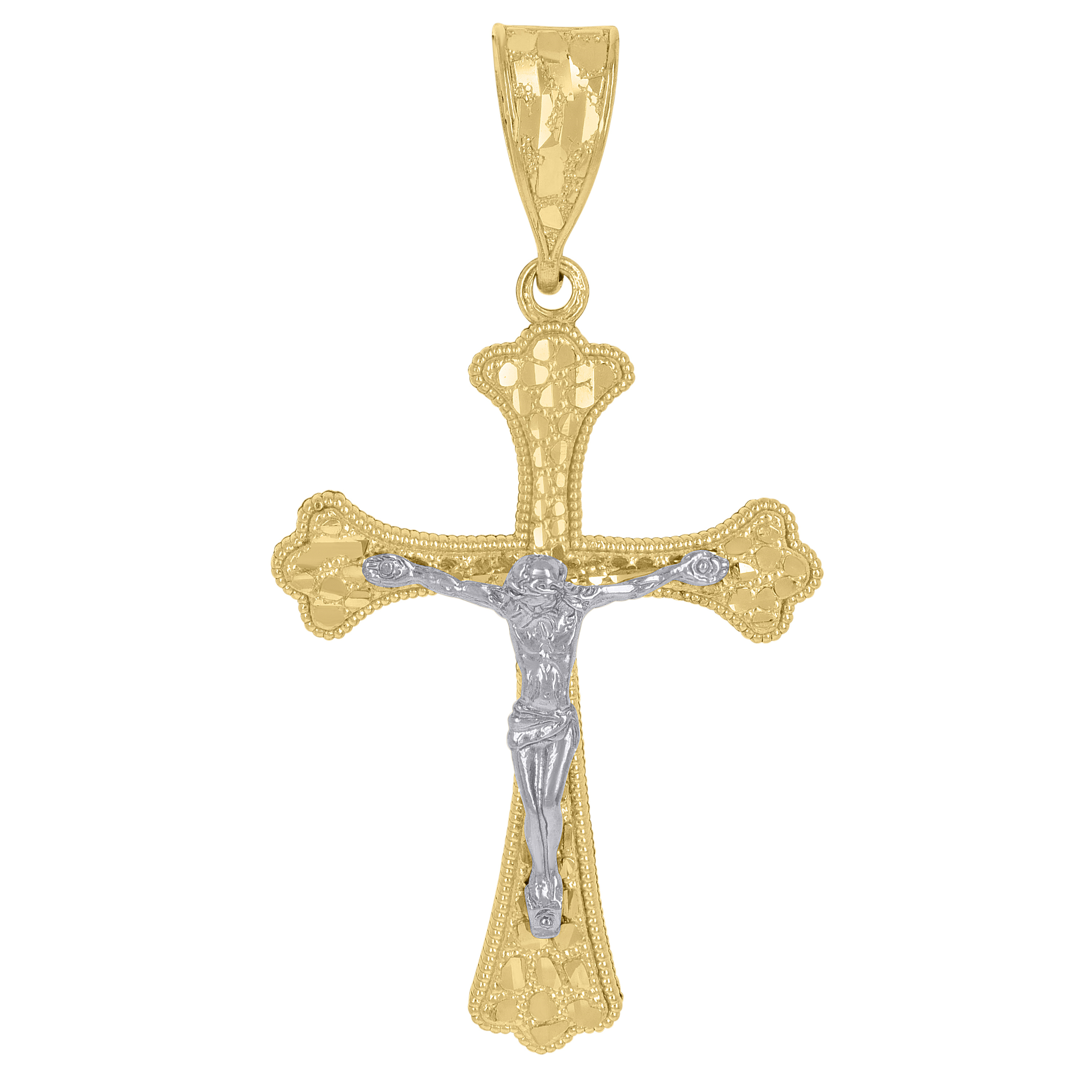 10kt Gold Two-tone Nugget Cross Crucifix Religious Pendant Charm 40MM