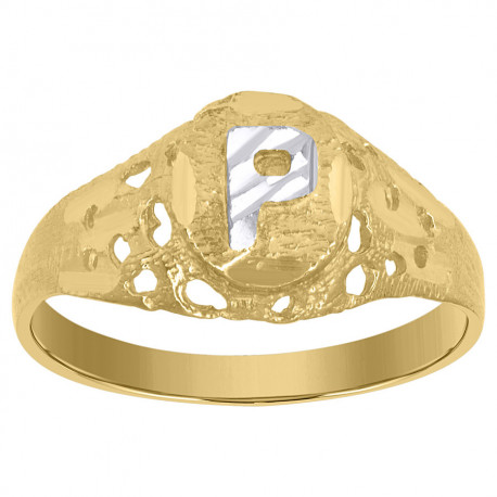 10kt Two-Tone Gold Unisex Kids Children Diamond-Cut Textured Oval Init