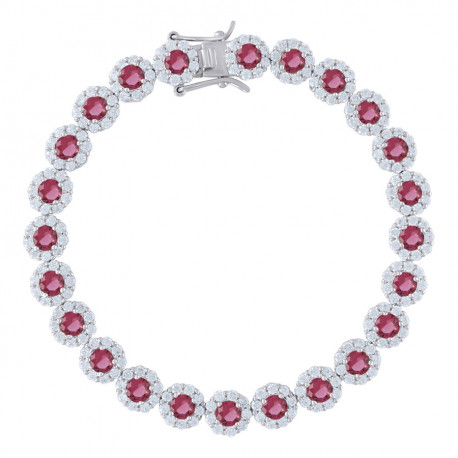925 Sterling Silver Womens Red & White Cubic Zirconia Fancy Tennis Flower Bracelet Size 8 Inches