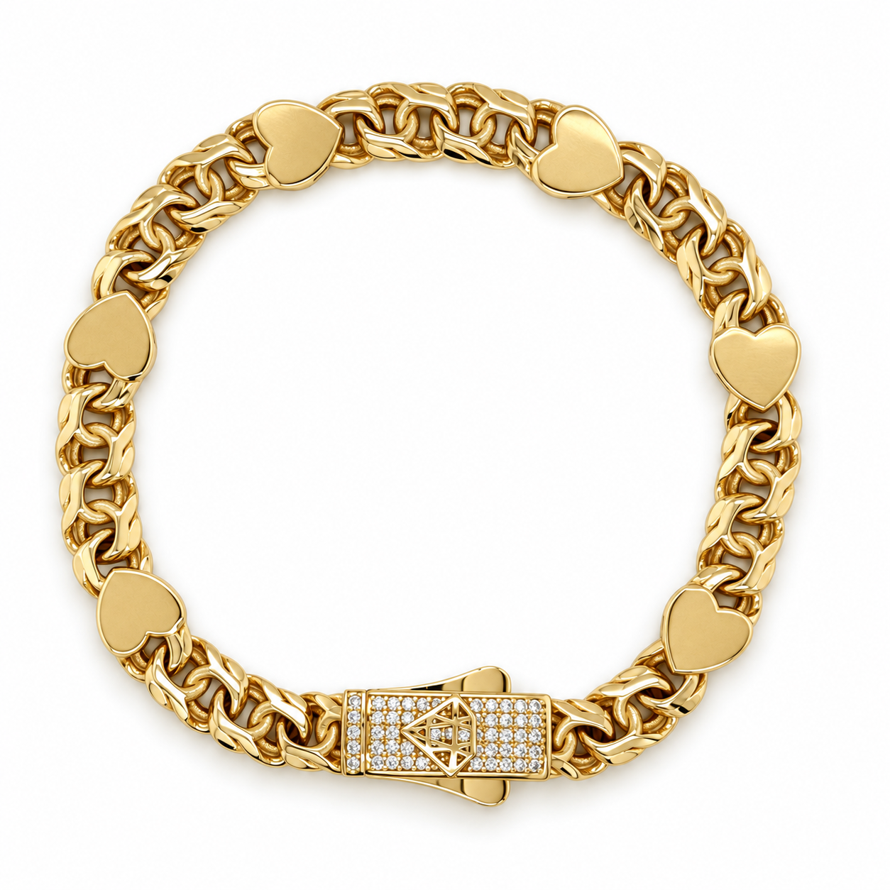 10KT Gold 6MM Chino Link Monaco Bracelet with Multiple Hearts 7 Inches