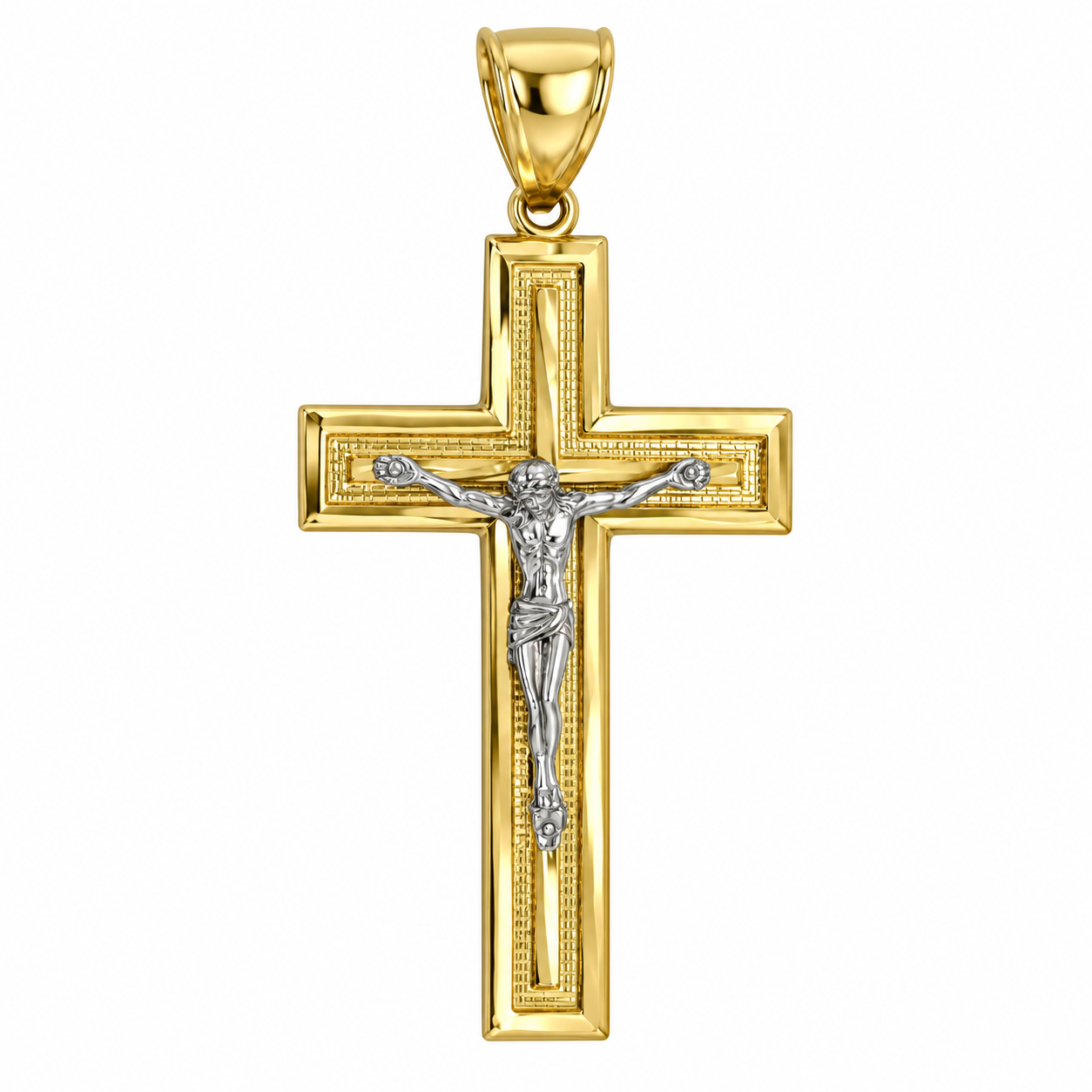 10KT Gold Two-Tone Crucifix Cross Pendant 45MM+Bail