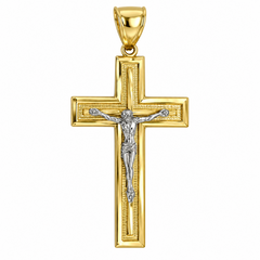 10KT Gold Two-Tone Crucifix Cross Pendant 45MM+Bail