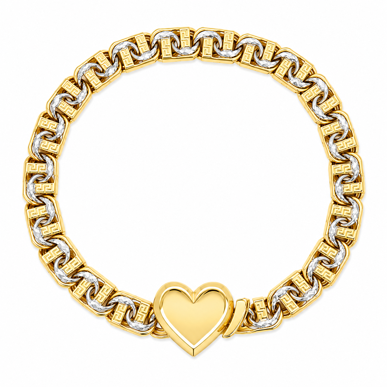 10KT Gold 7MM Chino Bar Heart Bracelet with Greek Bars, Diamond Cut Li