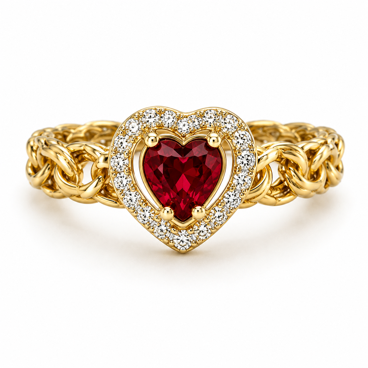 10KT Gold Chino Heart Ring with Red CZ