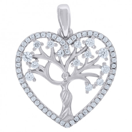 925 Sterling Silver Womens Cubic-Zirconia Heart Tree Of Life Good Luck Charm Pendant