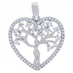 925 Sterling Silver Womens Cubic-Zirconia Heart Tree Of Life Good Luck Charm Pendant