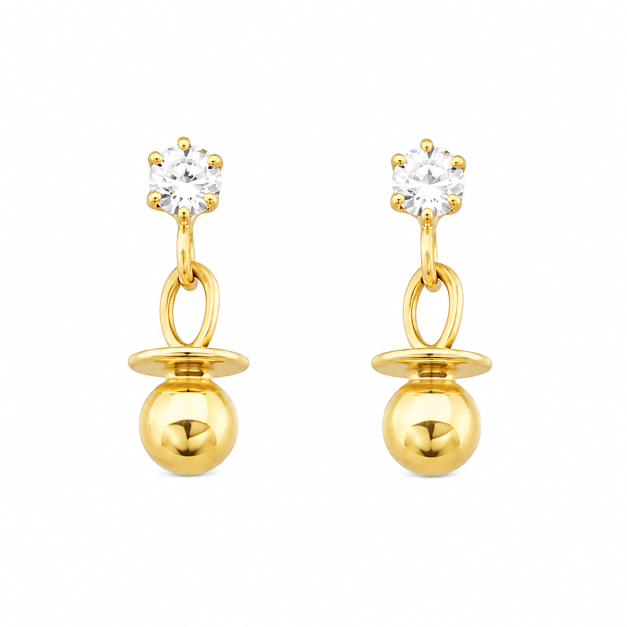 14KT Gold Round Stud Earringw with Hanging Pacifer