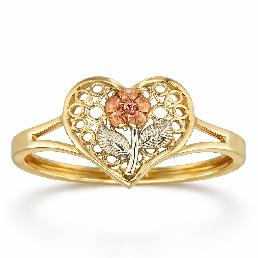 10KT Gold Tricolor Heart Ring with Rose