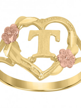 10Kt Two-Tone Gold Womens Dc Textured Initial Letter T Heart Band Ring