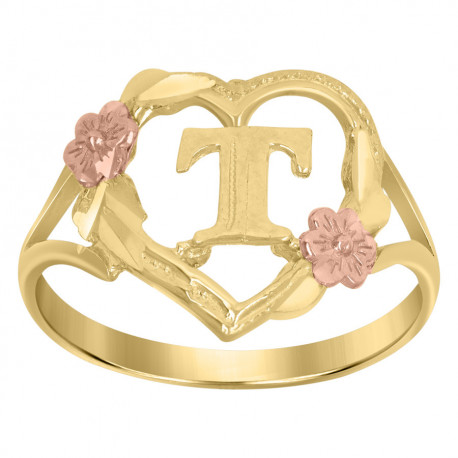 10Kt Two-Tone Gold Womens Dc Textured Initial Letter T Heart Band Ring