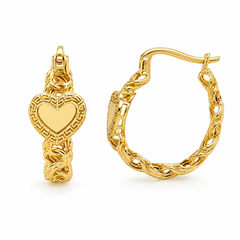 10KT Gold Chino Hoop Earrings with Engraveable Heart with Greek Border
