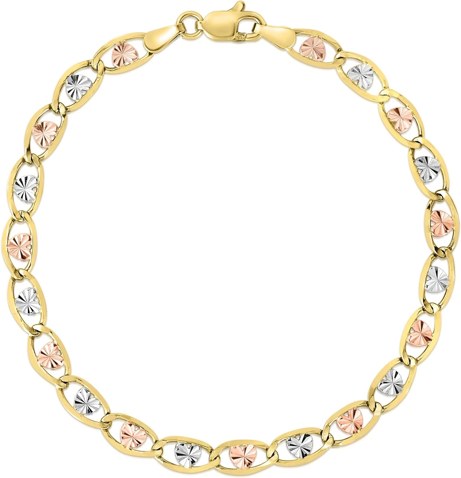 10KT Gold 5MM Tricolor Valentino Heart Bracelet 7 Inches