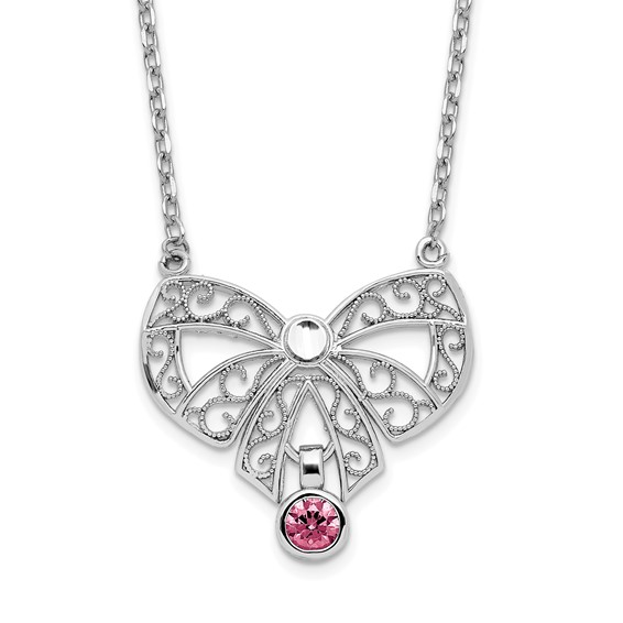 Sterling Silver Rhodium-plated OCT Bow CZ Birthstone NECKLACE